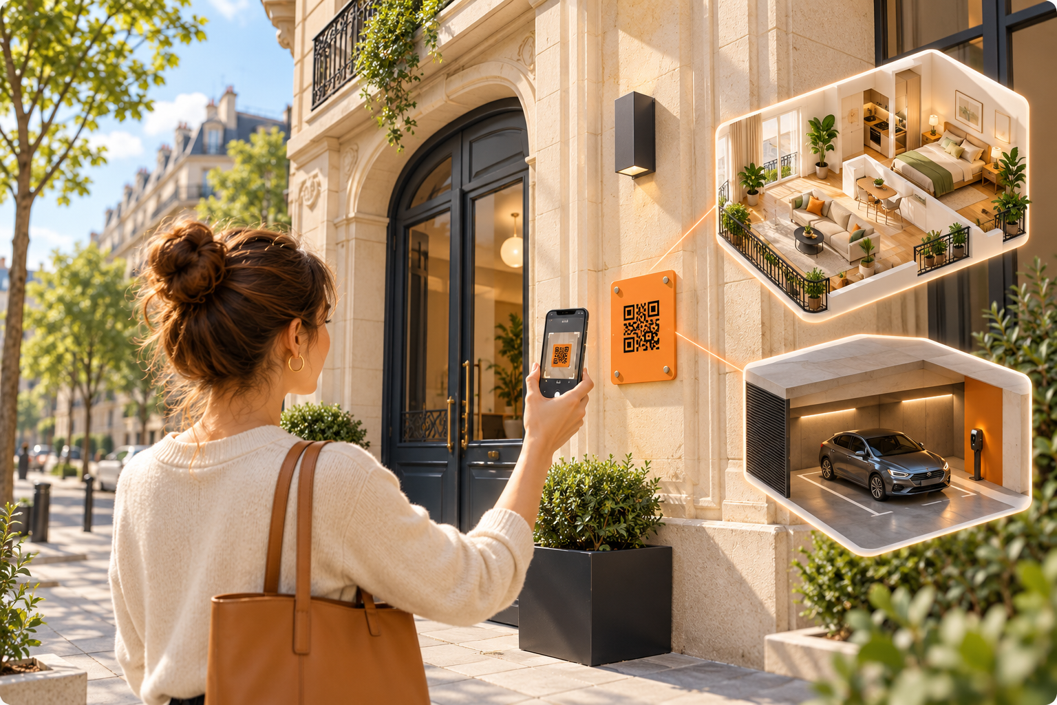 Une habitante scanne le QR code d'un immeuble pour découvrir ses locations
